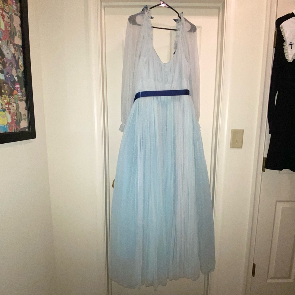Light Blue Butterly Accent Maxi Dress with Navy Sash - Picture 3 of 5